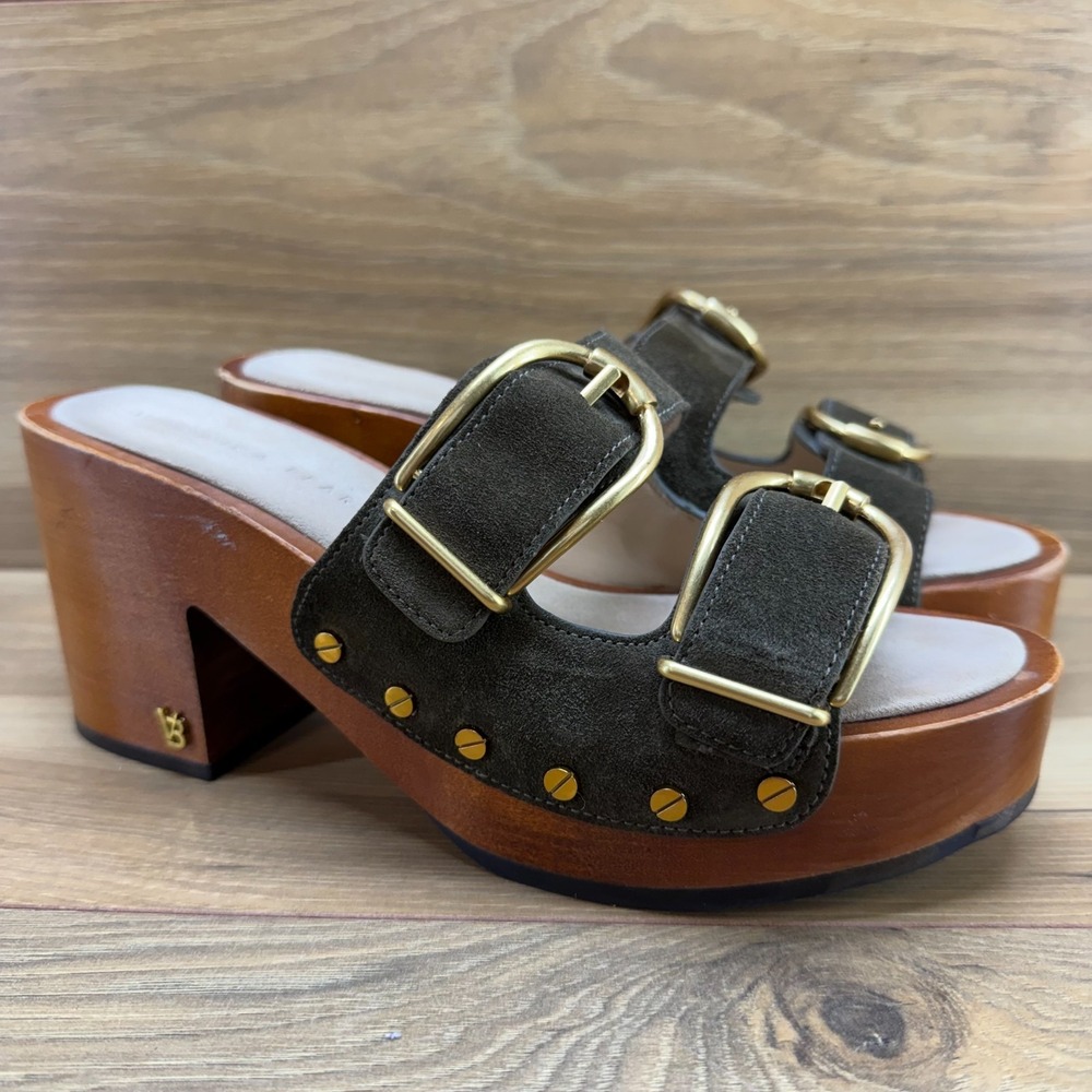 Veronica Beard Halifax Clog Sandal 8.5 M Dark Olive Suede Gold Buckle Chunky